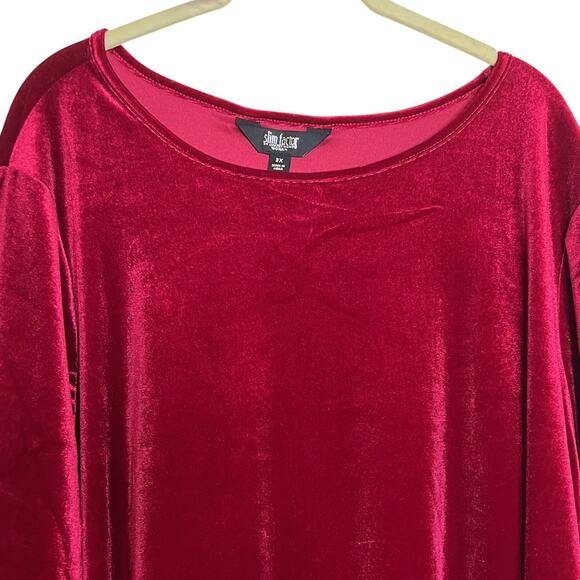 Slim Factor Investments Womens Velvet Tunic Top 2X Red Bell Sleeve Sheer Insets - Picture 2 of 8